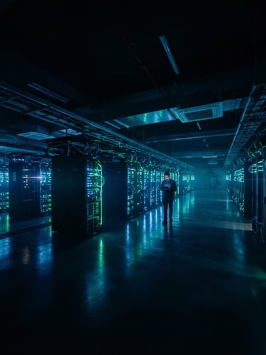 Wide panoramic shot of a sleek, modern server room with glowing blue and green data lines, low-key dramatic lighting, deep shadows, obsidian and emerald tones, 35mm anamorphic lens, sharp focus