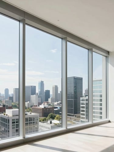 Crisp architectural photography of a modern high-rise apartment interior, floor-to-ceiling windows overlooking a city skyline, bright natural daylight