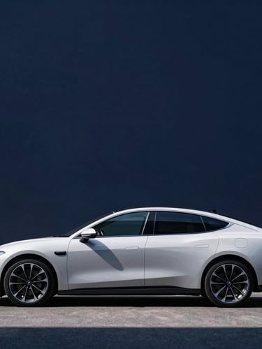 Sleek modern electric sedan silhouette in profile, dramatic side lighting, deep navy background, sharp focus, high-contrast editorial photography