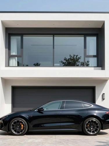 Crisp architectural photography of a modern luxury house facade alongside a sleek premium vehicle silhouette parked in the driveway, bright natural daylight, clean geometric composition, sharp focus.