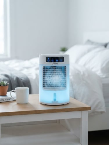 Ultra Air Cooler on a minimalist bedside table with its soft blue nightlight glowing, crisp product photography, cool refreshing daylight, sharp focus, 50mm lens