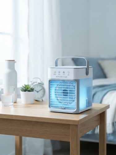 Crisp product photography of the Ultra Air Cooler on a minimalist bedside table, soft blue nightlight glowing, cool refreshing daylight background, sharp focus