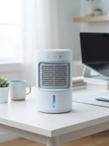 Sleek Ultra Air Cooler on a clean home-office desk, crisp product photography, cool refreshing daylight, frosty blue and clean white tones, sharp focus, 50mm lens
