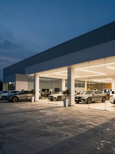Wide environmental shot of a modern, clean automotive dealership showroom at twilight, architectural lighting casting long shadows on polished concrete floors, negative space on the left.