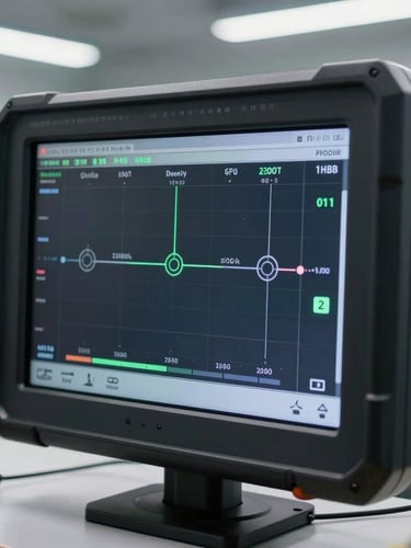 Macro detail of a high-end automotive diagnostic screen displaying real-time system diagnostics, clean workshop background, precise corporate lighting
