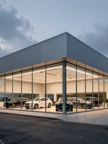 Wide-angle architectural shot of a clean, modern automotive dealership showroom at dusk, cool overcast daylight, glass walls showing structured car bays