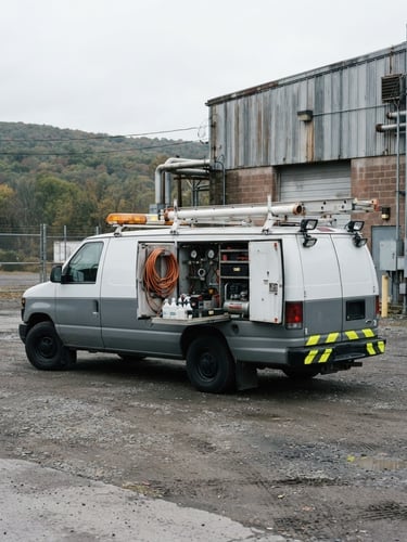 A marked OMEGA QSE compliance fleet vehicle parked at an industrial site in Upstate New York, overcast daylight, sharp focus, technical equipment visible