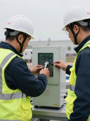 Medium documentary shot of two OMEGA QSE safety technicians wearing high-visibility vests and hard hats, calibrating environmental testing equipment in the field under overcast daylight.