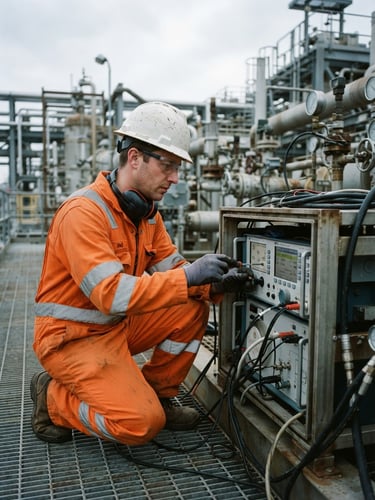 Technician in high-visibility orange gear calibrating testing equipment on an industrial site, overcast daylight, sharp focus, 35mm lens