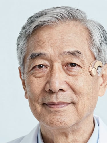 Medium-close portrait of an active senior wearing a near-invisible hearing aid discreetly, bright high-key studio lighting, soft blue tones, sharp focus