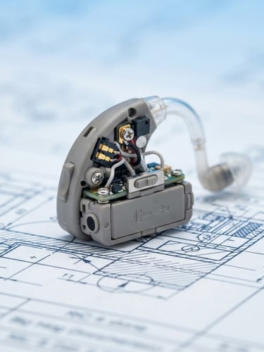 Macro photography of micro-ergonomic digital hearing aid chassis on an engineering blueprint, bright high-key studio lighting, soft blue tones, sharp focus, 85mm