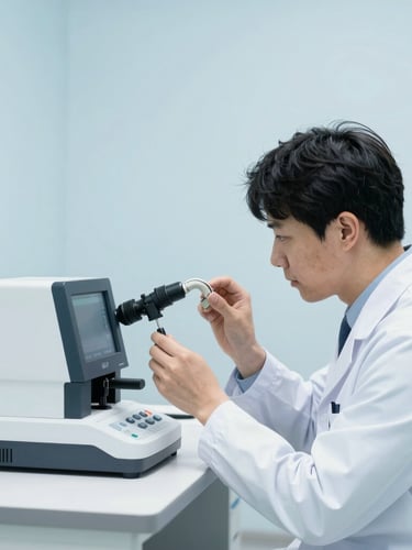 Documentary-style wide shot of an acoustic engineer in a clean white lab coat calibrating a digital hearing aid inside a modern South Korean testing facility, bright high-key lighting