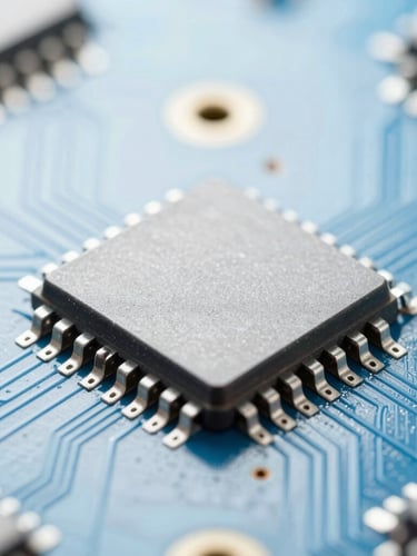 Macro close-up of a clinical sound processing microchip on a high-tech circuit board, clean medical product photography, bright high-key studio lighting, soft blue tones, sharp macro focus, 85mm