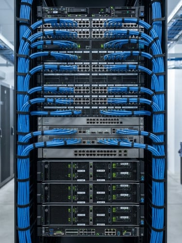 Clean technical photography of a neatly organized server rack with blue patch cables and crisp labels, bright neutral indoor lighting.