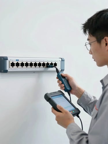Medium shot of a technician in a light gray uniform using a diagnostic tool on a wall-mounted network switch, bright daylight.