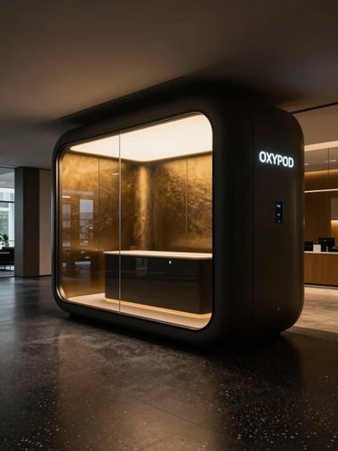 Wide cinematic interior shot of the OXYPOD smart pod viewed from outside through a full-height glass panel, interior ambient lighting in deep gold tones illuminating textured dark panels, minimal desk surface visible inside, set within a contemporary corporate headquarters lobby with dark terrazzo flooring, dramatic side-lighting, no occupants