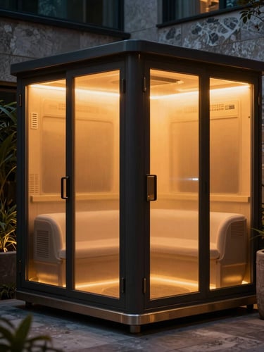 Close architectural shot of the THERMOPRO thermal wellness pod in a luxury resort setting at night, warm amber light bleeding through frosted glass panels, brushed gold ventilation detailing visible on the dark exterior shell, cool stone surroundings contrasting the warm pod glow, backlighting creating a dramatic silhouette, no people