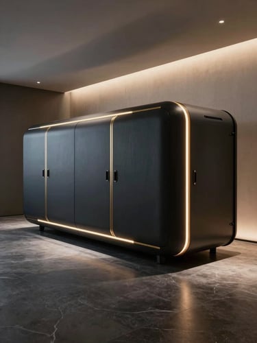 Architectural wide shot of the OXYPRO recovery pod integrated into a minimalist luxury spa interior, deep obsidian pod shell with brushed gold seam detailing, cool-to-warm three-point side-lighting casting long shadows across polished dark stone flooring, no human presence, empty interior suggesting spatial restraint