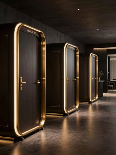 Wide cinematic shot, three NEWCATTIC wellness pods arranged in a dark luxury resort corridor, ambient integrated gold lighting glowing from pod edges, brushed gold hardware details sharp in the foreground, deep charcoal surroundings receding into shadow, dramatic three-point side-lighting from the right