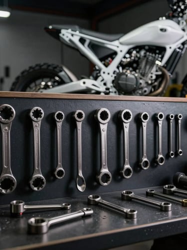 A clean, organized motorcycle workshop bay with professional tools arranged on a dark wall, a pristine motorcycle frame visible in the background, dramatic side-lighting, industrial utility