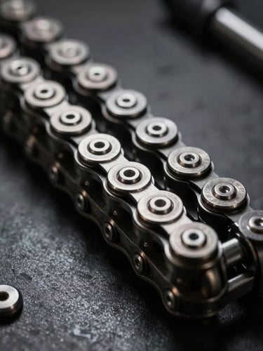 Macro close-up of a pristine metallic motorcycle gear chain on a clean dark workshop bench, dramatic side-lighting highlighting sharp steel teeth, industrial style