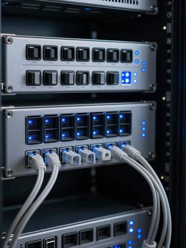 Sharp technical photography of a modern server rack with clean structured cabling and blue LED indicator lights, cool studio lighting, 35mm