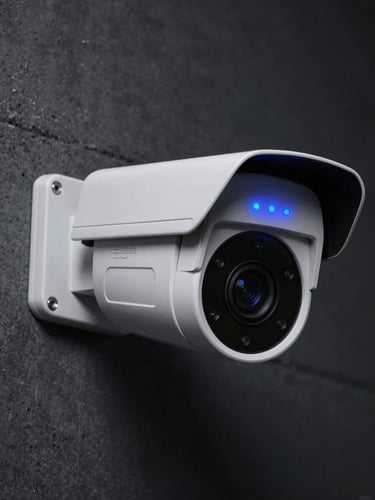 Close-up of high-end security camera with sharp blue LED indicator, mounted on a dark concrete wall, cool studio lighting, 35mm
