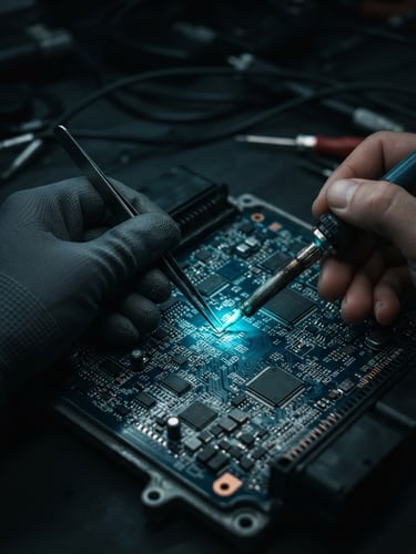 Close-up macro shot of technician's hands micro-soldering intricate components on an automotive ECU circuit board, glowing electric cyan light, deep charcoal background, high-contrast studio lighting.