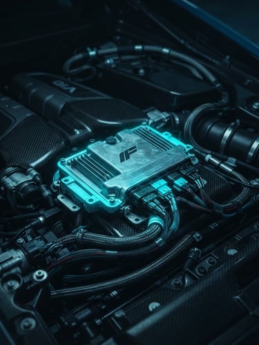 Close-up of a high-performance engine bay, focus on the ECU unit, under moody blue studio lighting, macro lens, premium German car, electric cyan glow