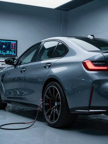 Low-angle shot of a premium German car (BMW M3) parked in a clean, modern workshop bay, diagnostic cables connected, screen displaying live telemetry data, cool blue ambient lighting.