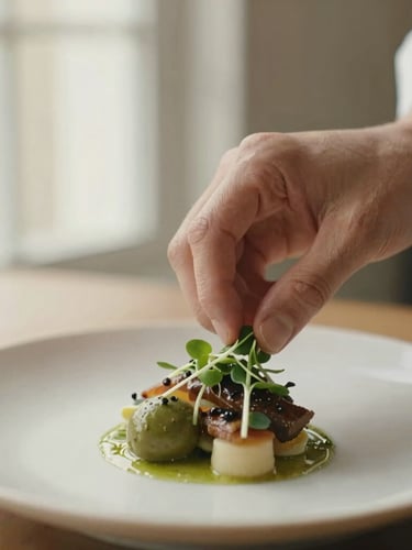 A close-up of a chef's hands delicately placing a microgreen garnish on an artfully plated gourmet dish with a shallow depth of field, soft natural window light, 35mm