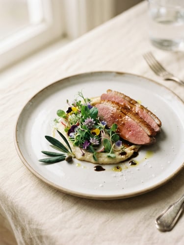 Minimalist close-up of a beautifully plated gourmet dish with delicate microgreens, soft natural window light, warm ivory linen tablecloth, olive sprig accent, shallow depth of field, 35mm