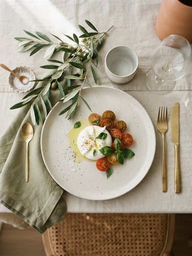 An overhead flat lay of an elegant tablescape with soft linen, minimalist white plates, gold cutlery, and fresh olive branch sprigs under soft natural light, 35mm