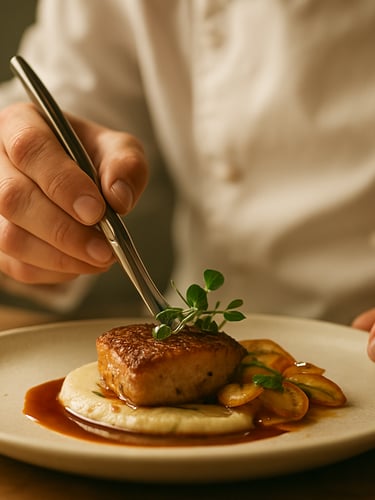Close-up of a professional chef artfully plating a gourmet dish with microgreens using tweezers, soft warm kitchen light, shallow depth of field