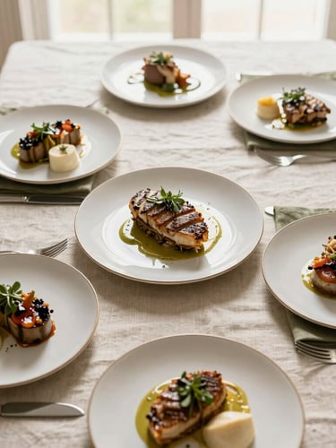 Overhead flat lay of an elegant dining table set with linen, soft olive napkins, and beautifully plated gourmet dishes under natural window light
