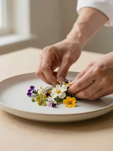 Hands of a chef artfully arranging edible flowers on a modern ceramic plate, soft diffused side light, warm beige background, shallow depth of field, 35mm