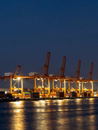 Wide-angle, high-contrast shot of a busy container terminal at Sohar Port at twilight, cranes illuminated, deep navy sky, golden reflections on wet surfaces.