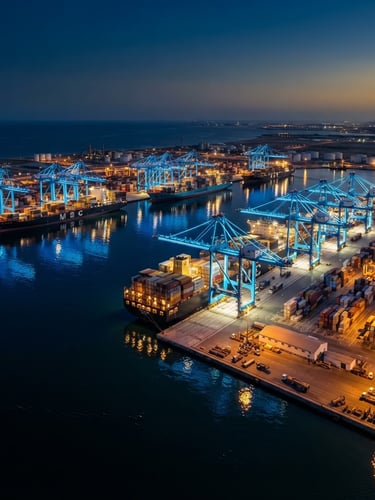 Wide panoramic shot of Sohar Port terminal at twilight, container ships docked, cranes lit in neon blue, reflecting on the water, high contrast, sharp focus, deep navy and gold tones.