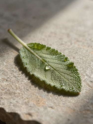 Extreme close-up macro shot of a single damp sage leaf resting on a textured matte stone surface, casting soft architectural morning shadows, soft diffused light, warm organic minimalism
