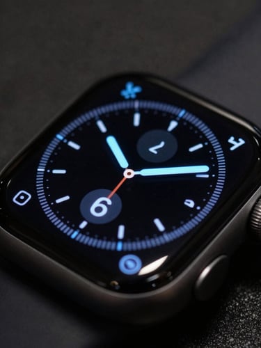 Macro depth of field shot of an Apple Watch screen displaying a minimalist fitness tracker UI with sharp electric blue accents, moody ambient background