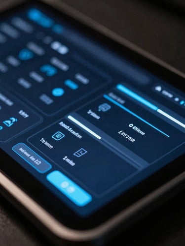 Sleek tech photography, close-up of a modern hardware setup with a secure corporate dashboard glowing on a dark screen, neon-blue accents, 35mm