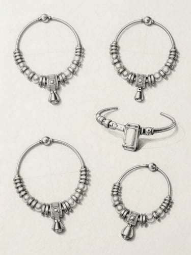 Flat-lay overhead shot of hand-drawn jewellery sketches on off-white drafting paper, multiple pencil iterations visible, cool studio daylight from above, fine graphite lines showing profile views and cross-sections, no hands visible