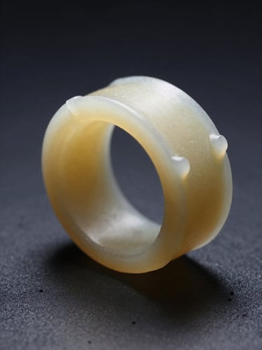 Extreme close-up 3/4 view of a wax ring model resting on a dark matte surface, cool studio strobe, illuminating carved prong tips and seat geometry in high contrast, deep shadow on far side