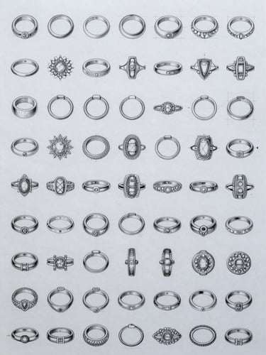 Overhead flat-lay of a dense sheet of jewellery technical drawings on white cartridge paper, multiple ring profiles and stone-setting cross-sections arranged in rows, fine pencil lines with annotation marks, cool even studio daylight from above, no shadows, straight-down camera angle filling the entire frame