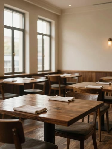 Wide shot of an empty tasting room interior, dark wood tables set with linen napkins, morning light entering from tall windows on the left, warm cream walls, no people present, quiet and composed