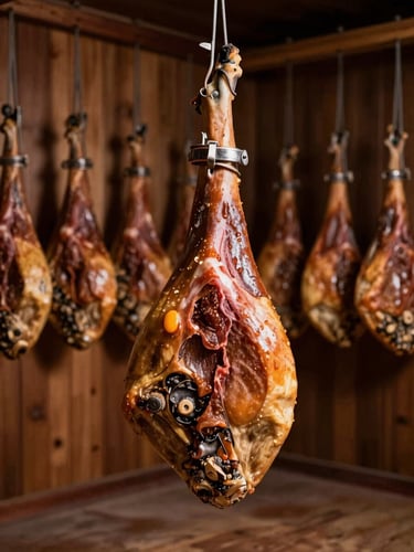 Wide environmental shot of a whole jamón ibérico leg hanging in a dim, wood-panelled curing room, dozens of legs receding into soft shadow behind it, cool diffused side light, no people