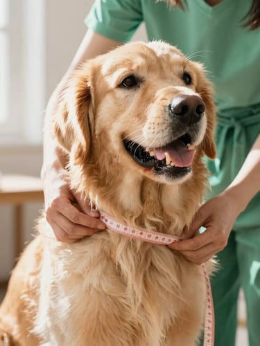 Close-up of a tailor gently wrapping a soft measuring tape around a happy golden retriever's chest in a sunlit workshop, warm natural daylight, shallow depth of field.