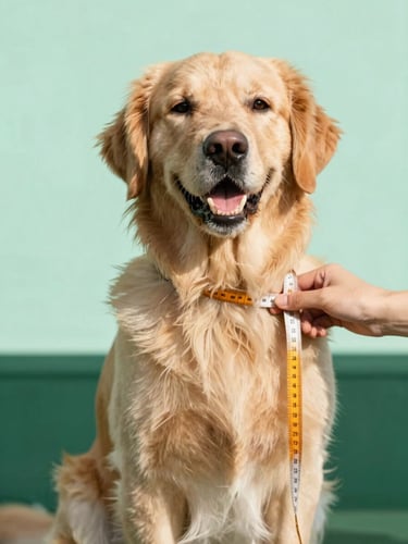 Eye-level shot of a happy golden retriever sitting calmly while a warm-toned measuring tape gently measures its chest, bright natural daylight, soft mint background, warm editorial pet photography