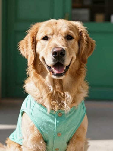 A happy golden retriever wearing a colorful handmade shirt, sitting comfortably in a sunlit Celaya workshop, eye-level medium close-up, warm natural light, shallow depth of field