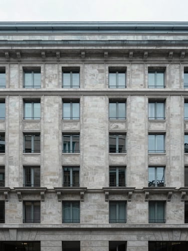 Symmetrical architectural shot of an administrative building facade in Paris, clean lines, cool diffused northern European light, silver-grey tones.